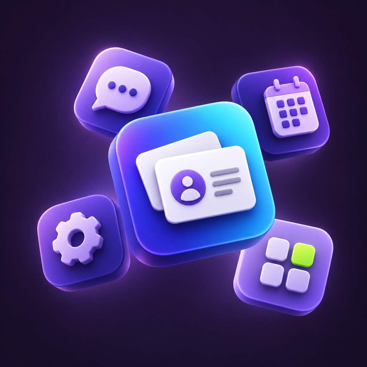Floating purple app tiles with a business card wallet icon at the center